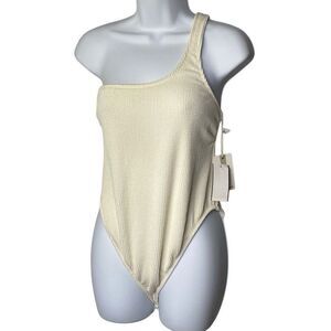 Good American Women’s Knit One Shoulder Thong Bodysuit Ivory 5/6 Small NWT